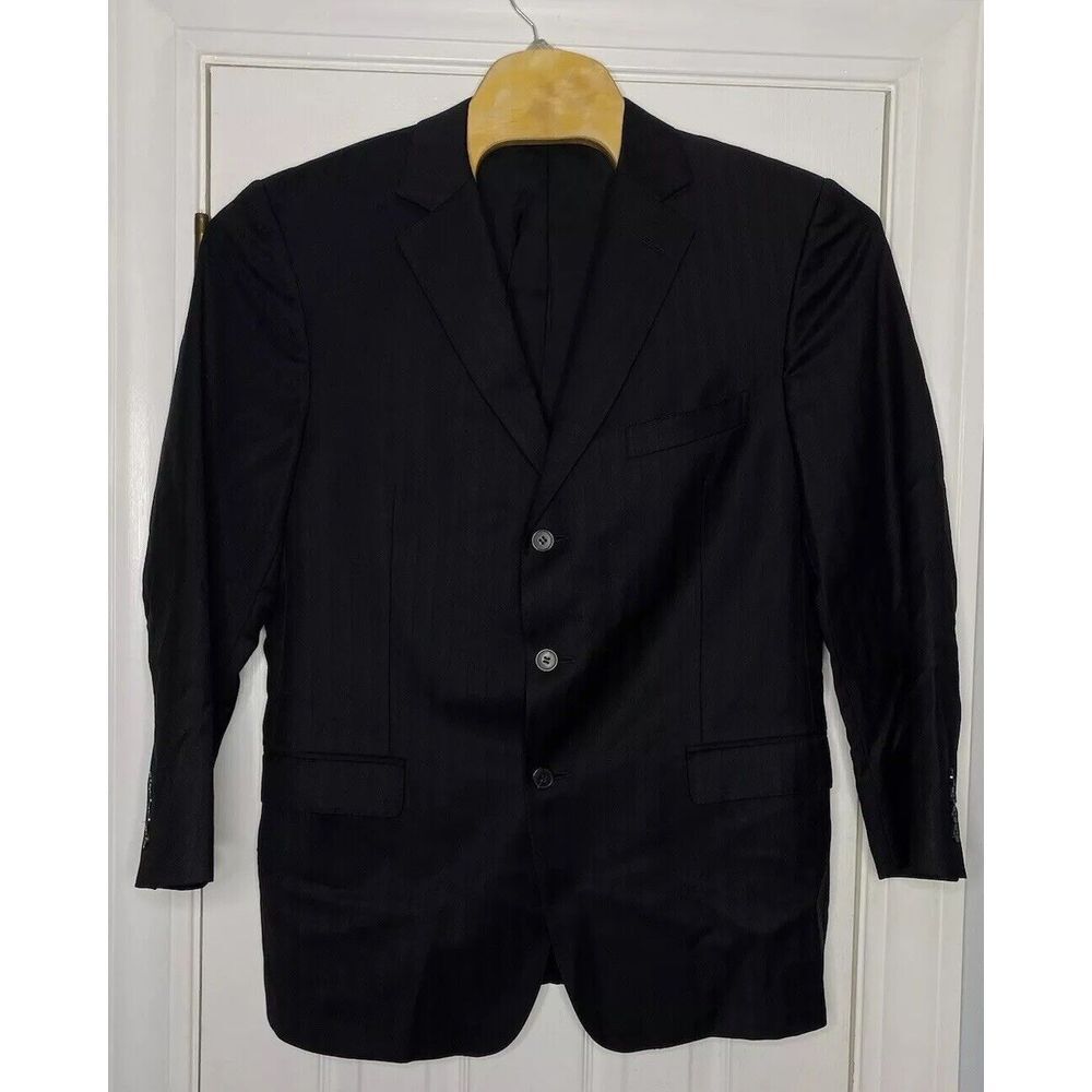 Zegna Mens‎ City Three Button Sport Coat Blazer Black Stripes 56R Wool Silk